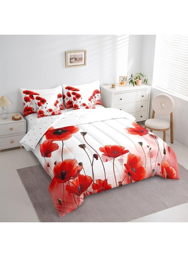 Erosebridal Poppy Comforter Set King Size 7 Piece, Red Flower Bedding Set with Sheets for Girls Women, Blossom Floral Bed in A Bag with Pillow Cases and Covers, Reversible Bed Set