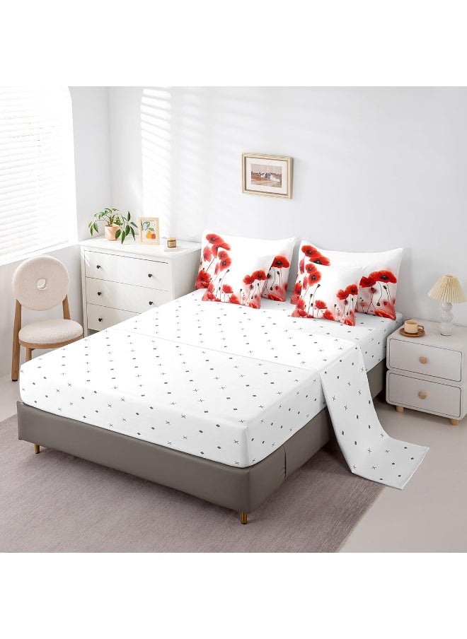 Erosebridal Poppy Comforter Set King Size 7 Piece, Red Flower Bedding Set with Sheets for Girls Women, Blossom Floral Bed in A Bag with Pillow Cases and Covers, Reversible Bed Set