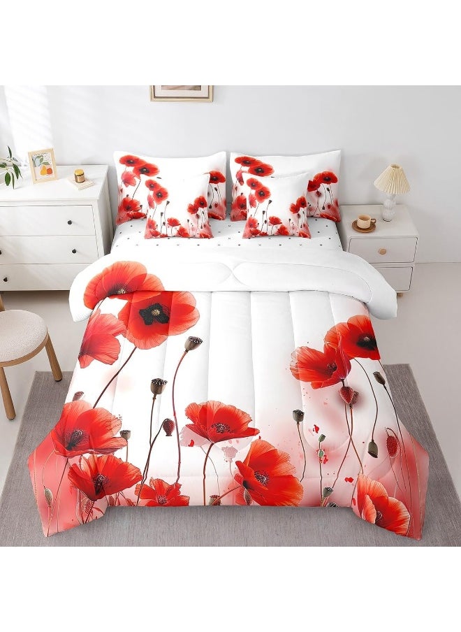 Erosebridal Poppy Comforter Set King Size 7 Piece, Red Flower Bedding Set with Sheets for Girls Women, Blossom Floral Bed in A Bag with Pillow Cases and Covers, Reversible Bed Set