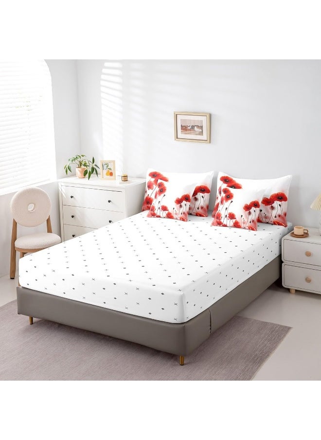 Erosebridal Poppy Comforter Set King Size 7 Piece, Red Flower Bedding Set with Sheets for Girls Women, Blossom Floral Bed in A Bag with Pillow Cases and Covers, Reversible Bed Set