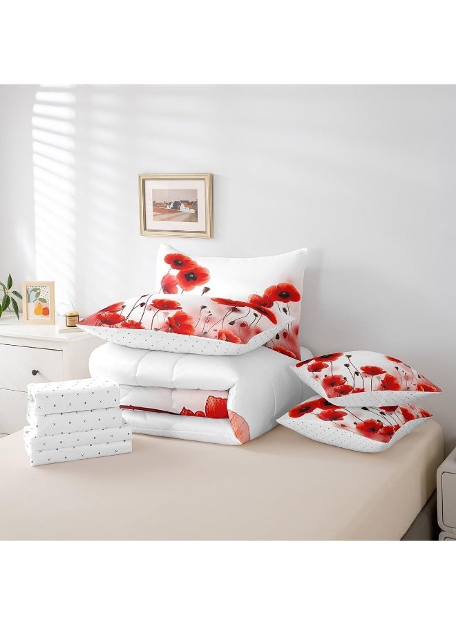 Erosebridal Poppy Comforter Set King Size 7 Piece, Red Flower Bedding Set with Sheets for Girls Women, Blossom Floral Bed in A Bag with Pillow Cases and Covers, Reversible Bed Set