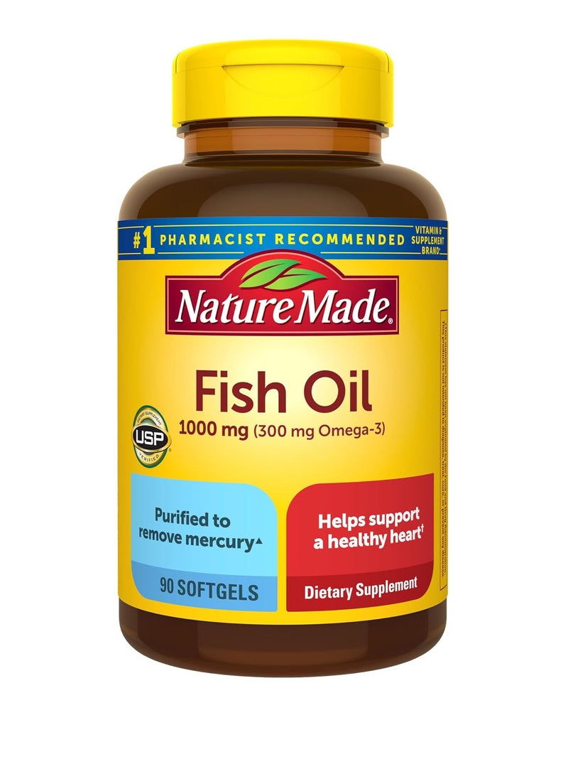 Fish Oil 1000 mg Softgels, Fish Oil Supplements, Omega 3 Fish Oil for Healthy Heart Support, Omega 3 Supplement with 90 Softgels, 45 Day Supply
