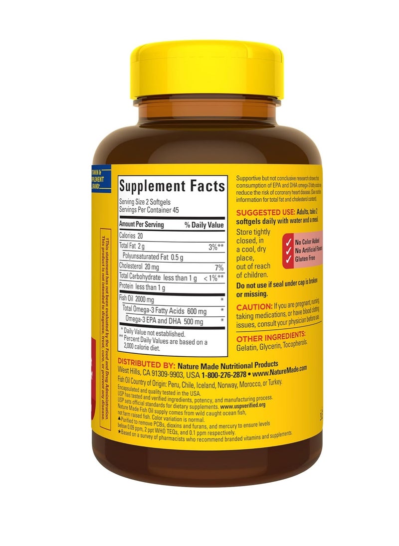 Fish Oil 1000 mg Softgels, Fish Oil Supplements, Omega 3 Fish Oil for Healthy Heart Support, Omega 3 Supplement with 90 Softgels, 45 Day Supply