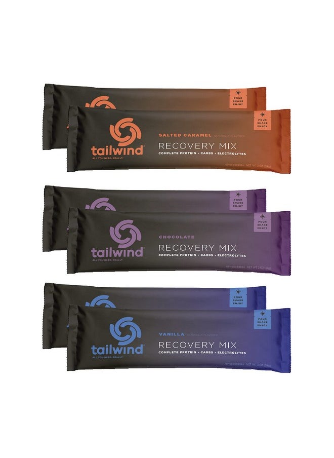 Tailwind Nutrition Grab-and-Go Recovery Mix Single-Serving Assortment, 2 Chocolate, 2 Vanilla, and 2 Salted Caramel Flavors, 6-Pack Sports Recovery Stick Packs