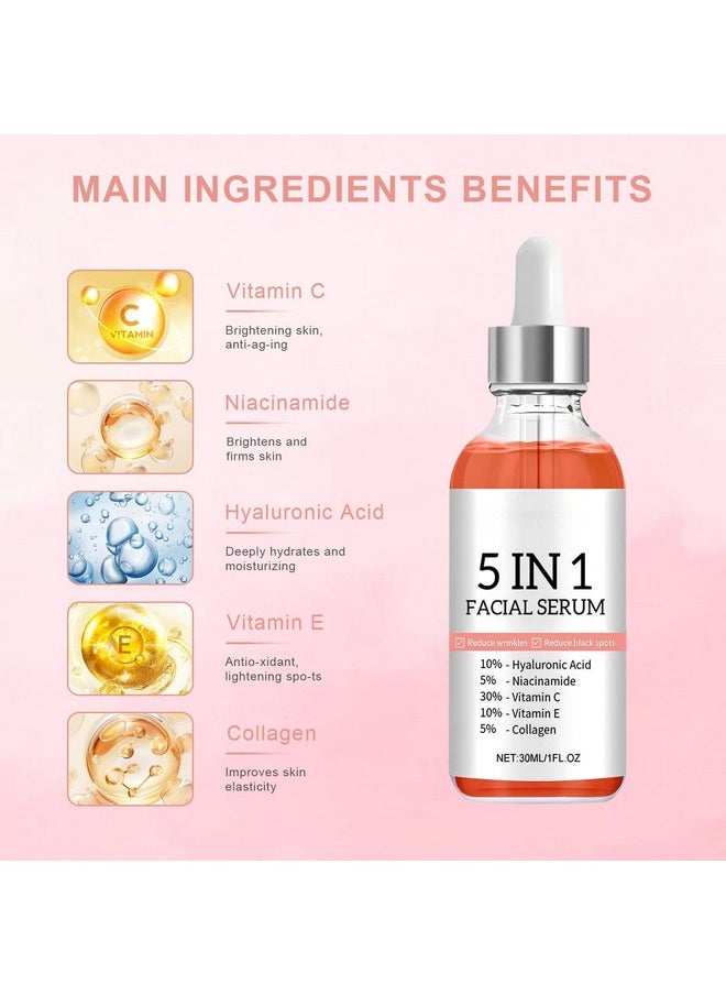 5 in 1 Facial Serum with Vitamin C, Vitamin E, Hyaluronic Acid, Niacinamide & Collagen, Vitamin C Facial Serum, Face Serum for Women for Dull Skin & Facial Moisturizing, 1.05 Fl Oz