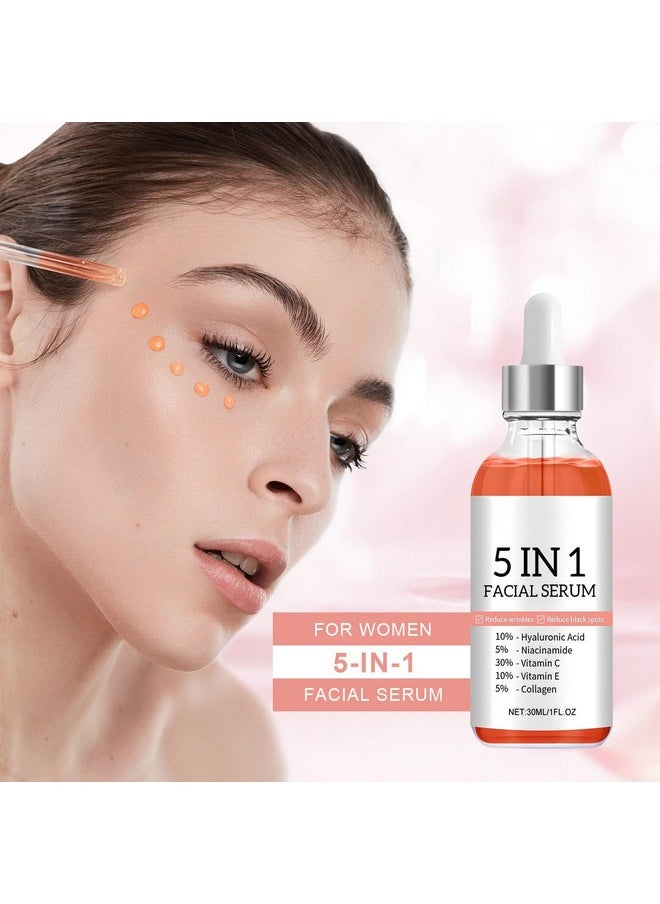 5 in 1 Facial Serum with Vitamin C, Vitamin E, Hyaluronic Acid, Niacinamide & Collagen, Vitamin C Facial Serum, Face Serum for Women for Dull Skin & Facial Moisturizing, 1.05 Fl Oz