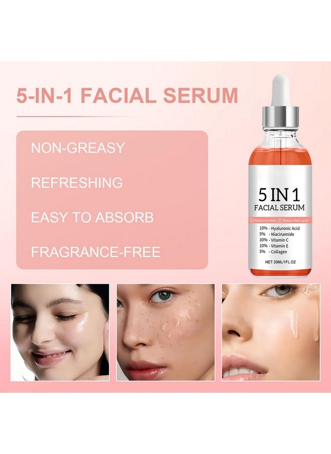 5 in 1 Facial Serum with Vitamin C, Vitamin E, Hyaluronic Acid, Niacinamide & Collagen, Vitamin C Facial Serum, Face Serum for Women for Dull Skin & Facial Moisturizing, 1.05 Fl Oz
