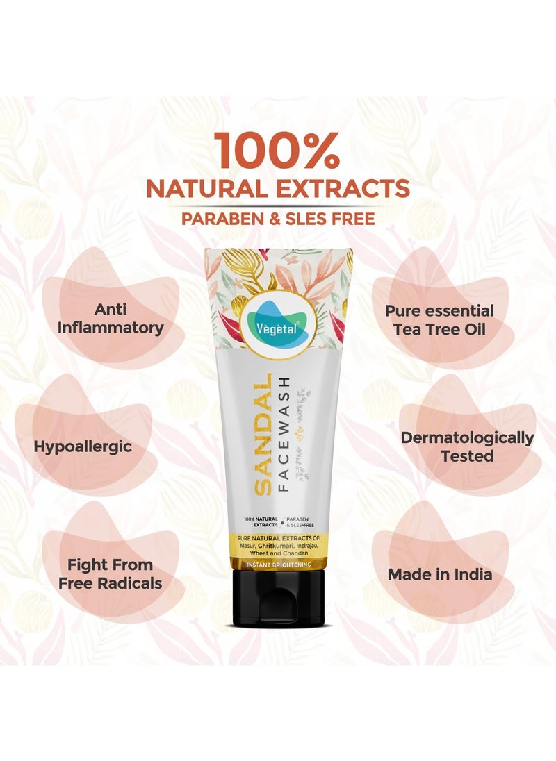 Sandal Face Wash- 100g. Natural Extracts with Masur, Chiritkumari, Indrajau, Wheat and Chandan, Instant Brightening, Paraben-Free (Pack of 2)