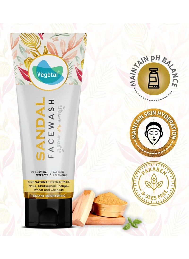 Sandal Face Wash- 100g. Natural Extracts with Masur, Chiritkumari, Indrajau, Wheat and Chandan, Instant Brightening, Paraben-Free (Pack of 2)