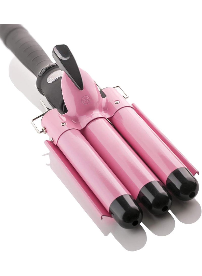 Alure Three Barrel Curling Iron Wand with LCD Temperature Display - 1 Inch Ceramic Tourmaline Triple Barrels, Dual Voltage Crimping Tool, Best Hair Waver for Beachy/Frizz Free Waves (Pink/Black)