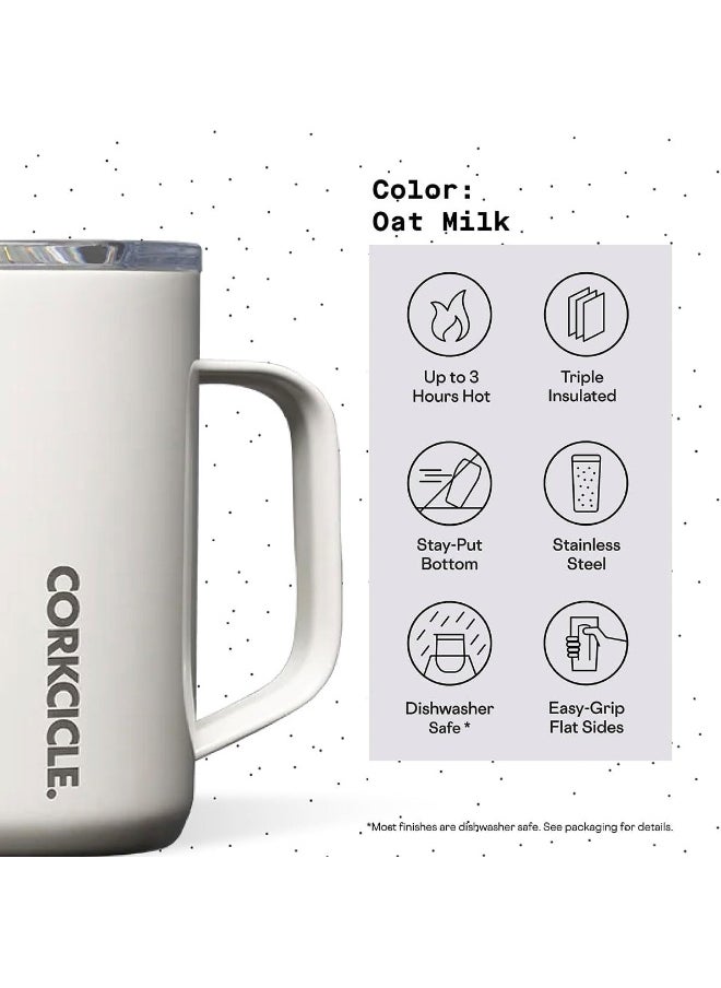 Corkcicle Triple Insulated Coffee Mug with Lid and Handle, Oat Milk, 16 oz – Stainless Steel Travel Mug Keeps Beverages Hot for 3+ Hours – Non-Slip, Easy-Grip, Spill-Resistant Tumbler