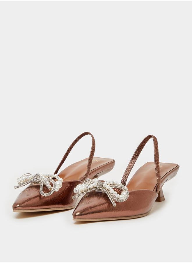 Embellished Bow Accent Slingback Pointed Toe Shoes
