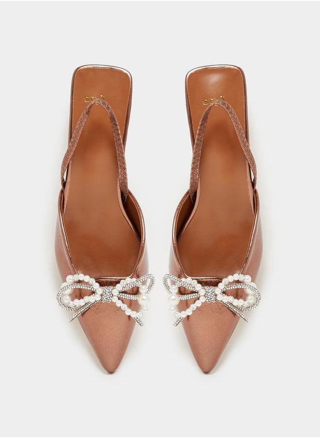 Embellished Bow Accent Slingback Pointed Toe Shoes