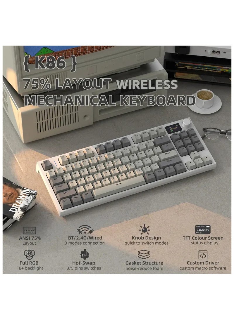 K86 RGB Wireless Mechanical Gaming Keyboard – Gasket Mount – Triple Mode (Bluetooth 5.0, 2.4G, USB-C) – 87-Key Hot-Swappable – Smart TFT Display – Metal Volume Knob – 4000mAh Battery – PBT Keycaps – PC/Laptop/Mac Compatible (Business Grey)