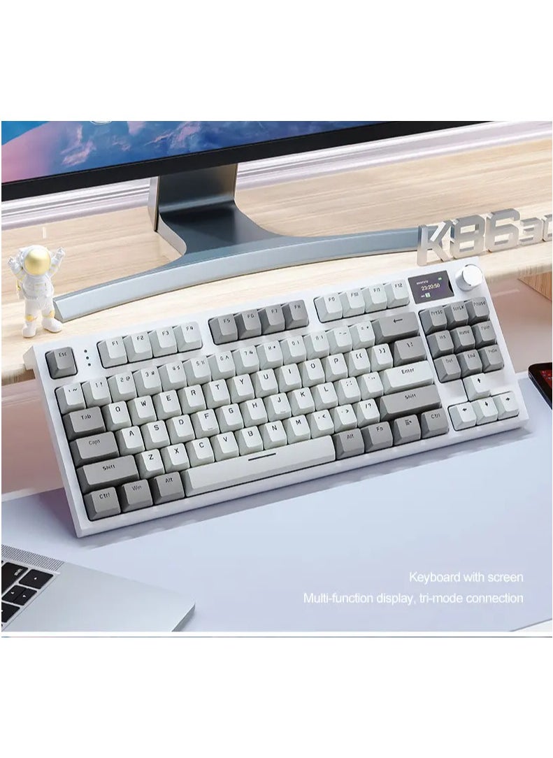 K86 RGB Wireless Mechanical Gaming Keyboard – Gasket Mount – Triple Mode (Bluetooth 5.0, 2.4G, USB-C) – 87-Key Hot-Swappable – Smart TFT Display – Metal Volume Knob – 4000mAh Battery – PBT Keycaps – PC/Laptop/Mac Compatible (Business Grey)
