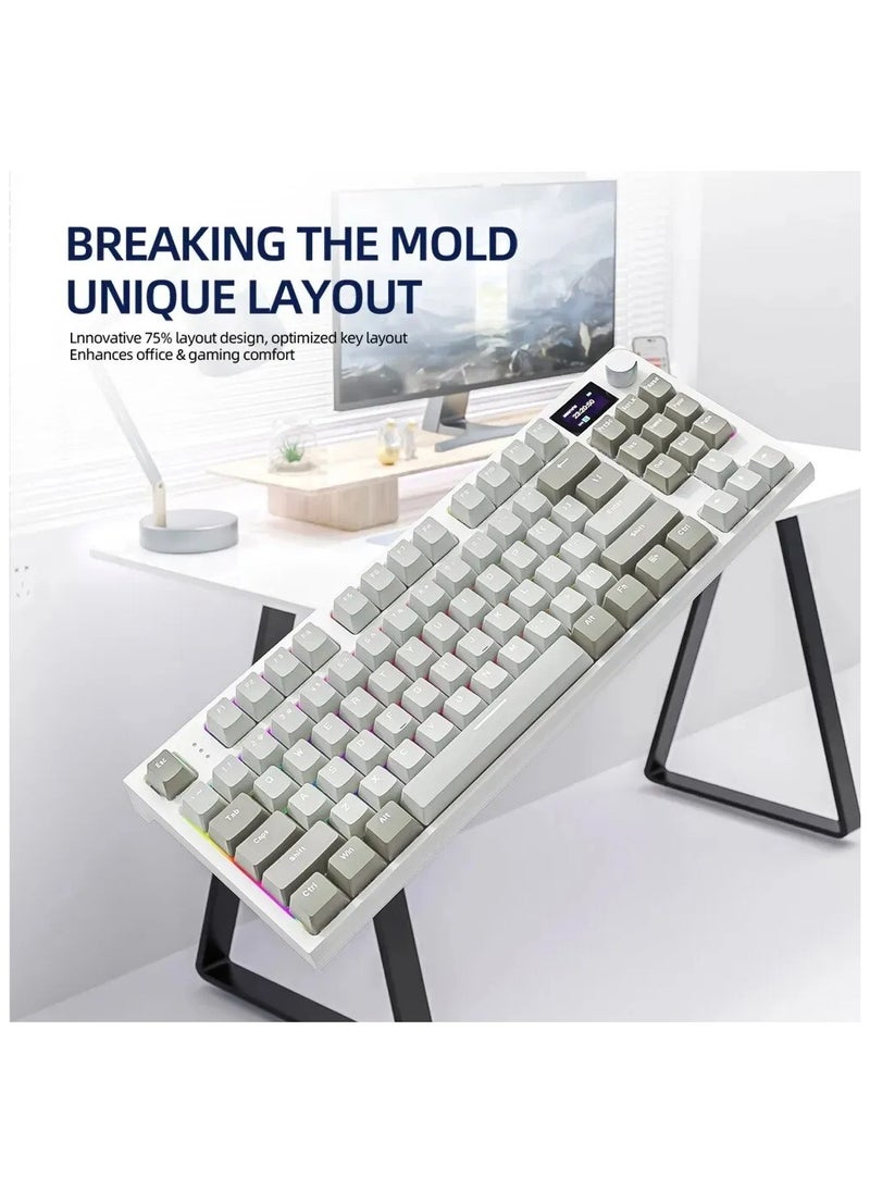 K86 RGB Wireless Mechanical Gaming Keyboard – Gasket Mount – Triple Mode (Bluetooth 5.0, 2.4G, USB-C) – 87-Key Hot-Swappable – Smart TFT Display – Metal Volume Knob – 4000mAh Battery – PBT Keycaps – PC/Laptop/Mac Compatible (Business Grey)