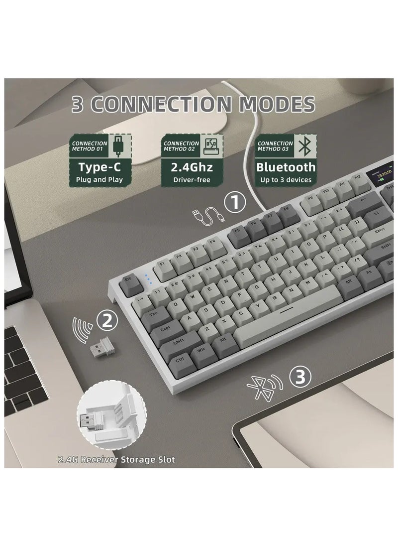 K86 RGB Wireless Mechanical Gaming Keyboard – Gasket Mount – Triple Mode (Bluetooth 5.0, 2.4G, USB-C) – 87-Key Hot-Swappable – Smart TFT Display – Metal Volume Knob – 4000mAh Battery – PBT Keycaps – PC/Laptop/Mac Compatible (Business Grey)