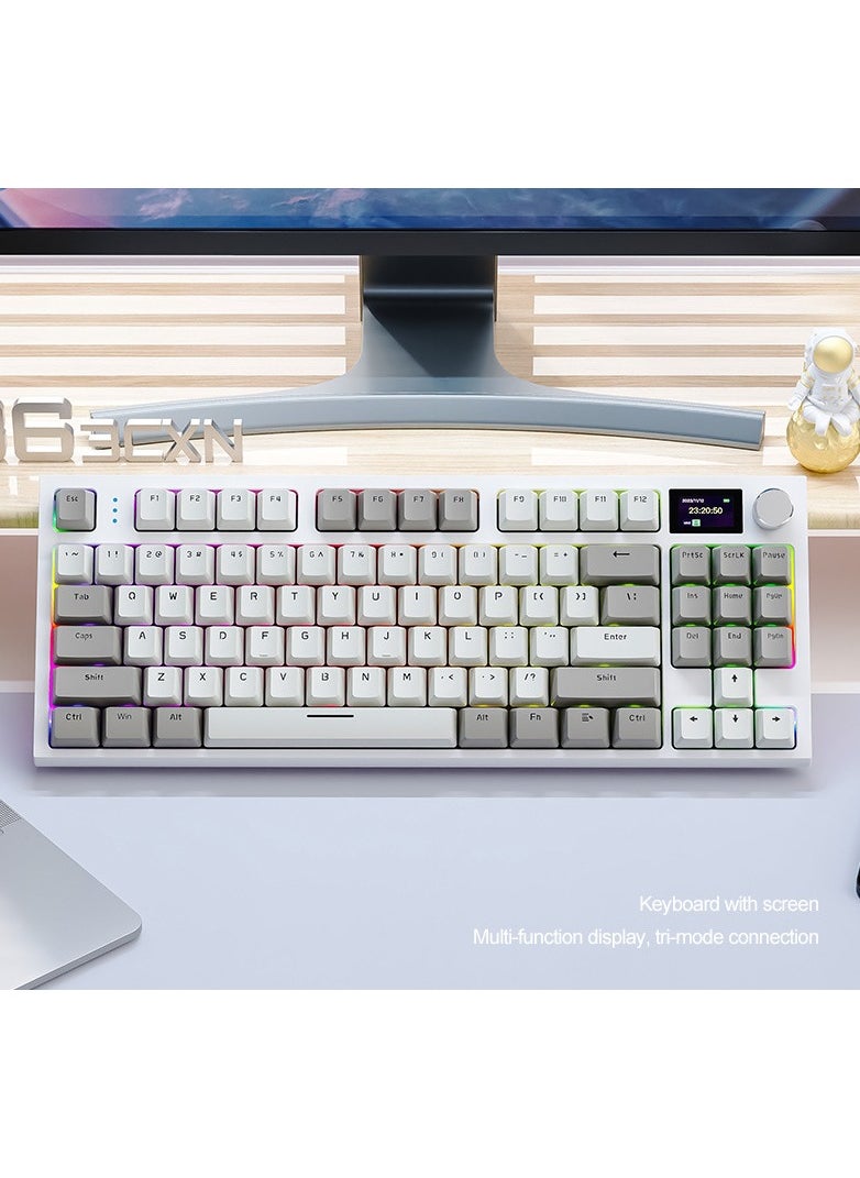 K86 RGB Wireless Mechanical Gaming Keyboard – Gasket Mount – Triple Mode (Bluetooth 5.0, 2.4G, USB-C) – 87-Key Hot-Swappable – Smart TFT Display – Metal Volume Knob – 4000mAh Battery – PBT Keycaps – PC/Laptop/Mac Compatible (Business Grey)