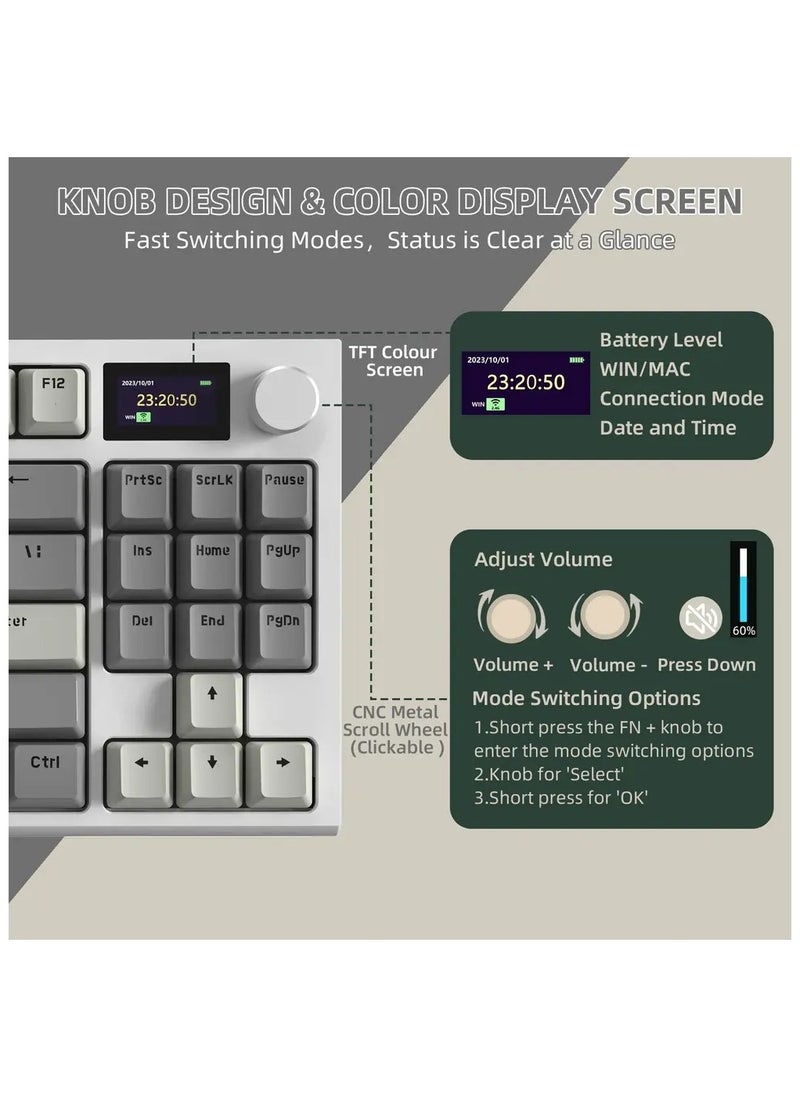 K86 RGB Wireless Mechanical Gaming Keyboard – Gasket Mount – Triple Mode (Bluetooth 5.0, 2.4G, USB-C) – 87-Key Hot-Swappable – Smart TFT Display – Metal Volume Knob – 4000mAh Battery – PBT Keycaps – PC/Laptop/Mac Compatible (Business Grey)