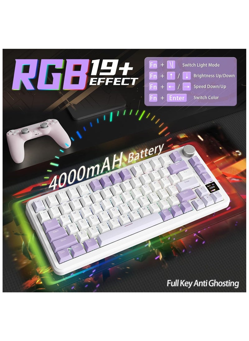 ATTACK SHARK X85Pro Wireless Mechanical Gaming Keyboard – Hot-Swappable – 75% Compact Layout – Smart TFT Display & Metal Knob – Tri-Mode Connection (Bluetooth 5.1, 2.4GHz, USB-C) – RGB Backlight – Gasket Mount – PBT Keycaps – PC Laptop Mac Compatible (Lavender Purple)