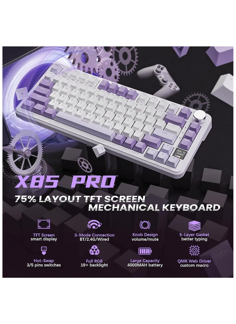 ATTACK SHARK X85Pro Wireless Mechanical Gaming Keyboard – Hot-Swappable – 75% Compact Layout – Smart TFT Display & Metal Knob – Tri-Mode Connection (Bluetooth 5.1, 2.4GHz, USB-C) – RGB Backlight – Gasket Mount – PBT Keycaps – PC Laptop Mac Compatible (Lavender Purple)
