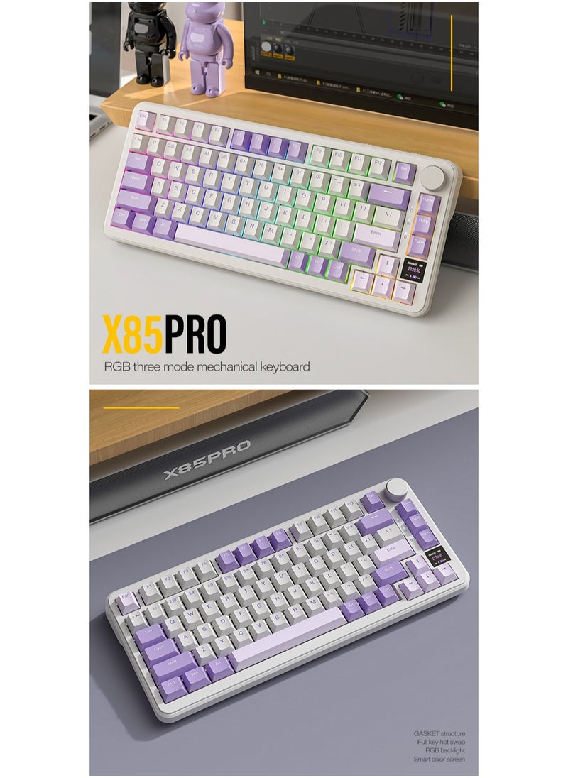 ATTACK SHARK X85Pro Wireless Mechanical Gaming Keyboard – Hot-Swappable – 75% Compact Layout – Smart TFT Display & Metal Knob – Tri-Mode Connection (Bluetooth 5.1, 2.4GHz, USB-C) – RGB Backlight – Gasket Mount – PBT Keycaps – PC Laptop Mac Compatible (Lavender Purple)
