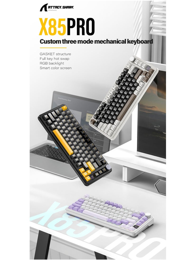 ATTACK SHARK X85Pro Wireless Mechanical Gaming Keyboard – Hot-Swappable – 75% Compact Layout – Smart TFT Display & Metal Knob – Tri-Mode Connection (Bluetooth 5.1, 2.4GHz, USB-C) – RGB Backlight – Gasket Mount – PBT Keycaps – PC Laptop Mac Compatible (Lavender Purple)