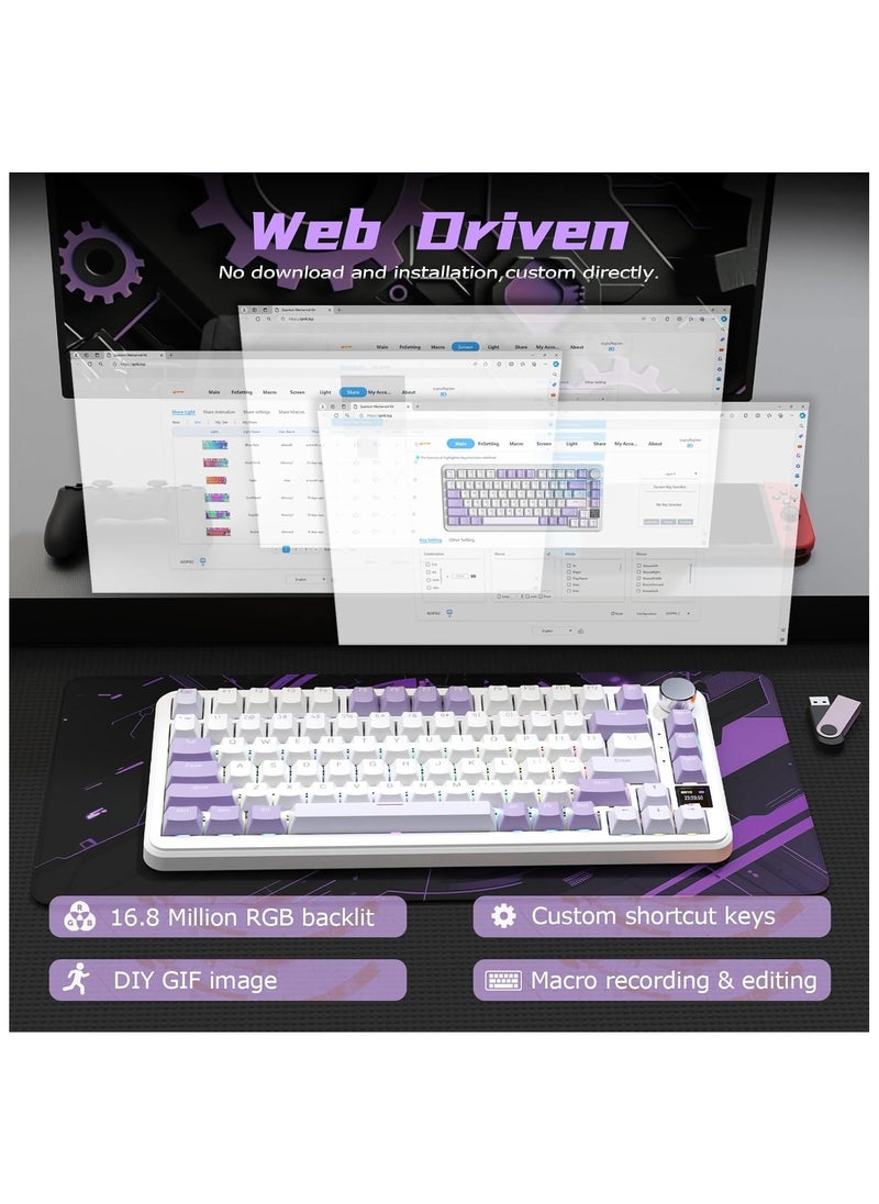 ATTACK SHARK X85Pro Wireless Mechanical Gaming Keyboard – Hot-Swappable – 75% Compact Layout – Smart TFT Display & Metal Knob – Tri-Mode Connection (Bluetooth 5.1, 2.4GHz, USB-C) – RGB Backlight – Gasket Mount – PBT Keycaps – PC Laptop Mac Compatible (Lavender Purple)