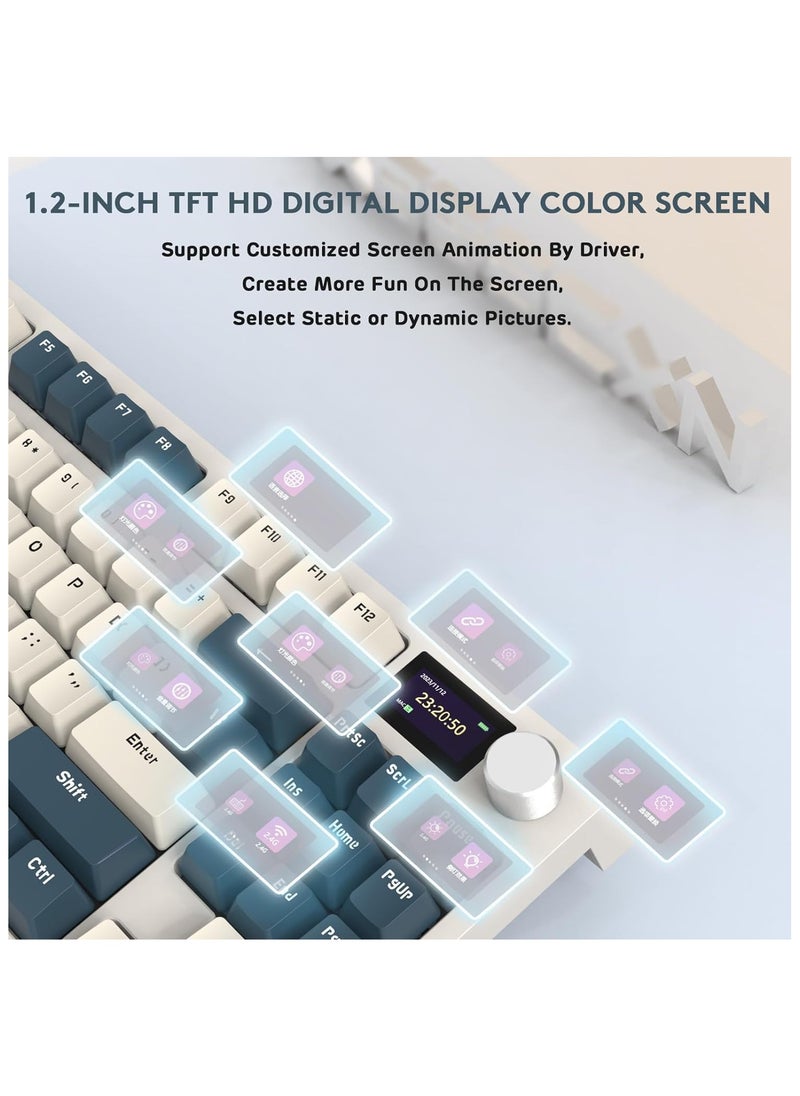 K86 RGB Wireless Mechanical Gaming Keyboard – Gasket Mount – Triple Mode (Bluetooth 5.0, 2.4G, USB-C) – 87-Key Hot-Swappable – Smart TFT Display – Metal Volume Knob – 4000mAh Battery – PBT Keycaps – PC/Laptop/Mac Compatible (Time Machine Blue)