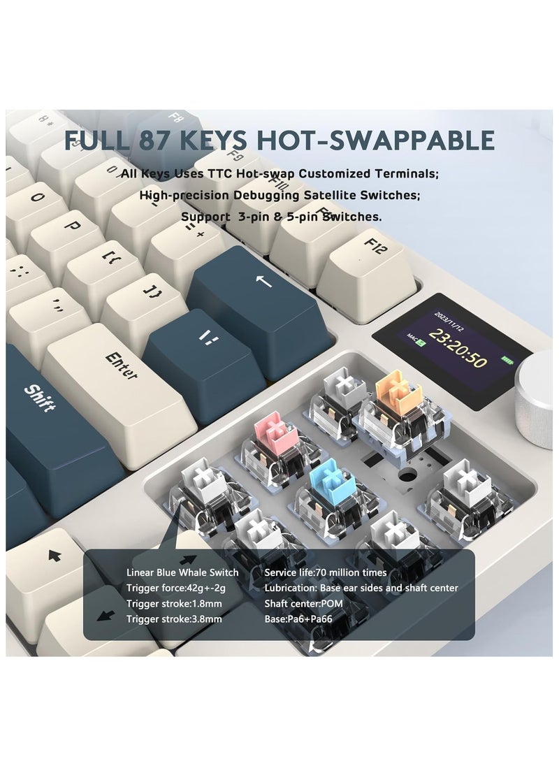 K86 RGB Wireless Mechanical Gaming Keyboard – Gasket Mount – Triple Mode (Bluetooth 5.0, 2.4G, USB-C) – 87-Key Hot-Swappable – Smart TFT Display – Metal Volume Knob – 4000mAh Battery – PBT Keycaps – PC/Laptop/Mac Compatible (Time Machine Blue)