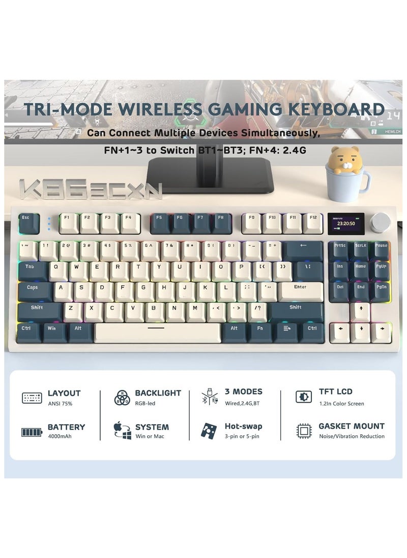 K86 RGB Wireless Mechanical Gaming Keyboard – Gasket Mount – Triple Mode (Bluetooth 5.0, 2.4G, USB-C) – 87-Key Hot-Swappable – Smart TFT Display – Metal Volume Knob – 4000mAh Battery – PBT Keycaps – PC/Laptop/Mac Compatible (Time Machine Blue)