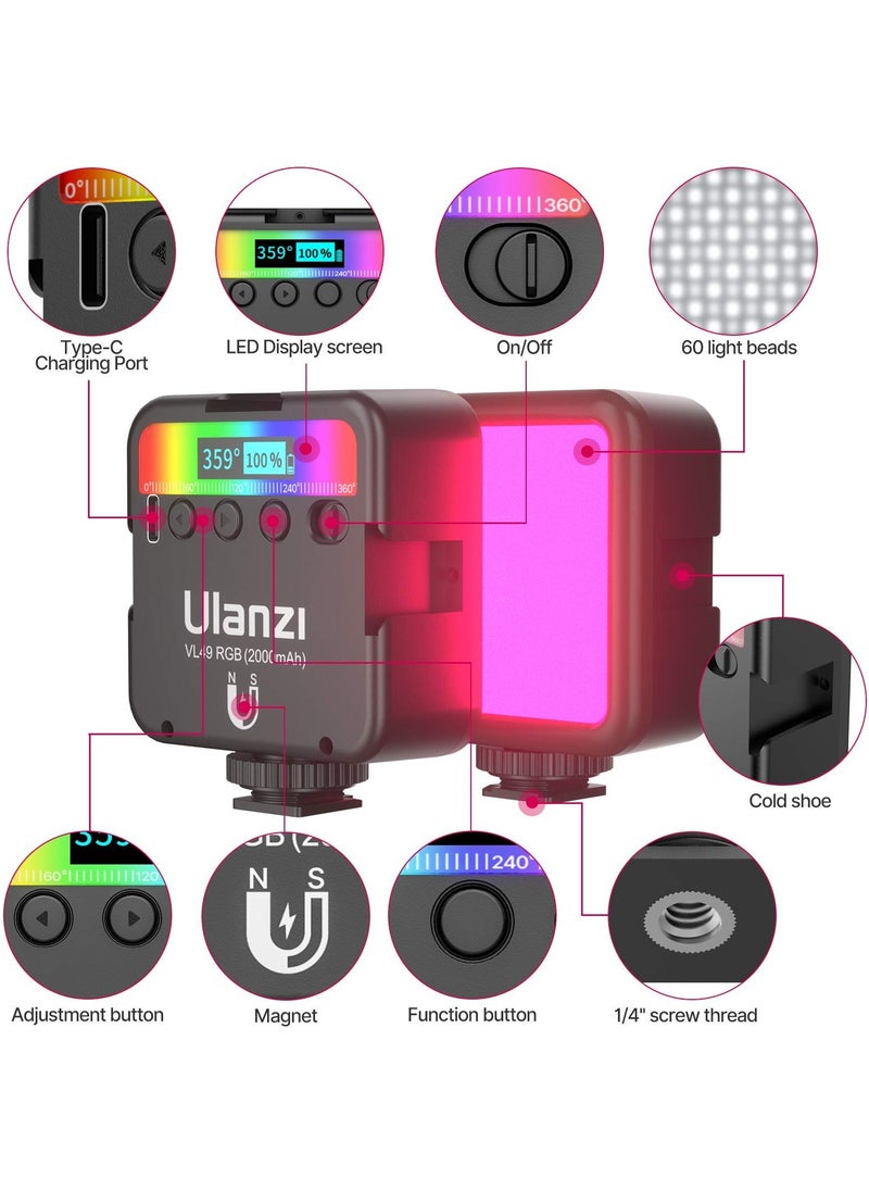 ULANZI VL49 RGB Video Lights, LED Camera Light 360° Full Color Portable Photography Lighting w 3 Cold Shoe, 2000mAh Rechargeable CRI 95+ 2500-9000K Dimmable Panel Lamp Support Magnetic Attraction