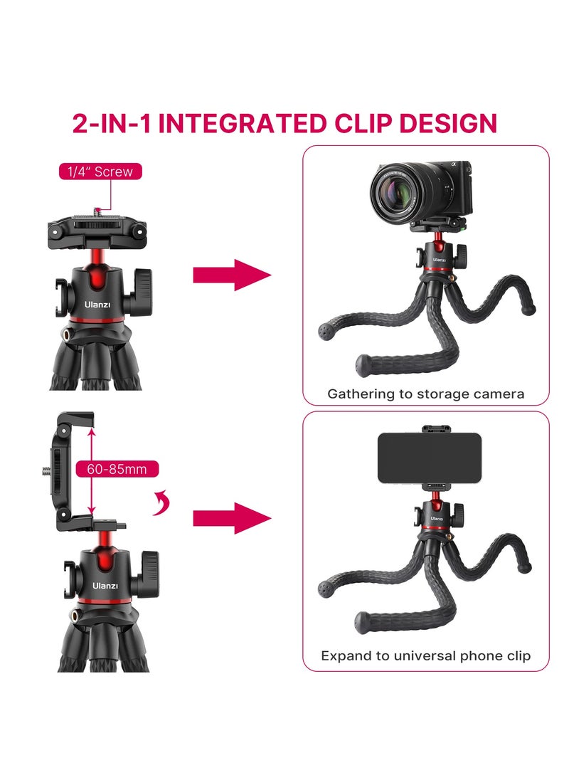 ULANZI MT-33 Phone Tripod, Mini Flexible Tripod with Cold Shoe & Universal Clip, 1/4'' Screw for Magic Arm, Multifunctional Octopus Camera Tripod for Mobile Phone/Action camera, Lightweight for Travel