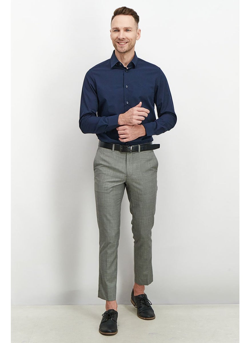 Men Slim Fit Embroidered Logo Long Sleeve Dress Shirt, Navy Blue