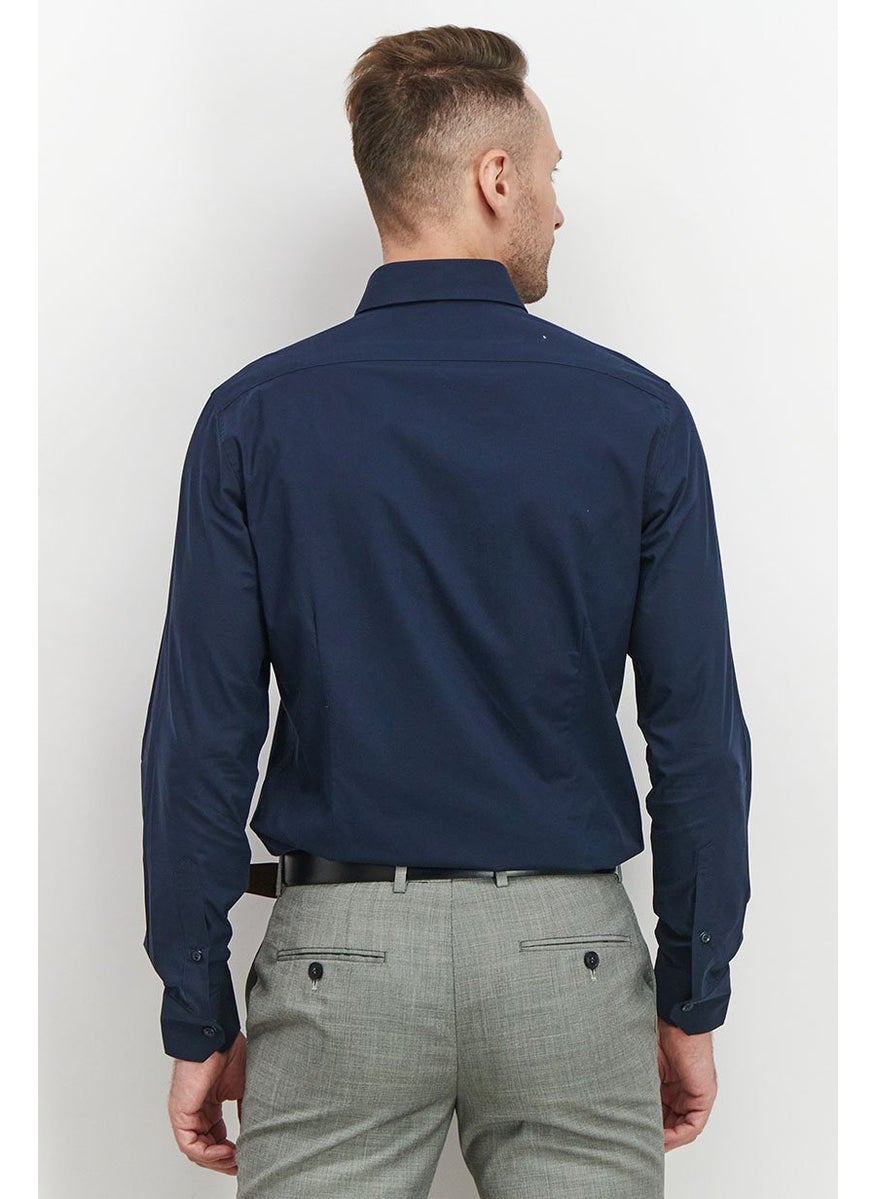 Men Slim Fit Embroidered Logo Long Sleeve Dress Shirt, Navy Blue