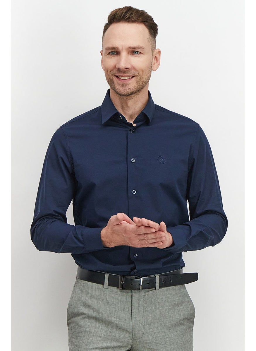Men Slim Fit Embroidered Logo Long Sleeve Dress Shirt, Navy Blue