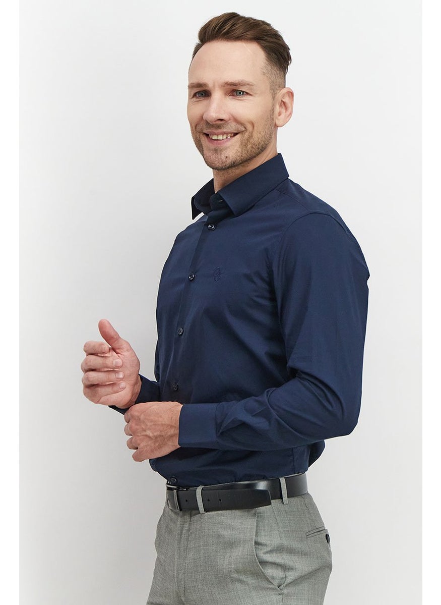 Men Slim Fit Embroidered Logo Long Sleeve Dress Shirt, Navy Blue