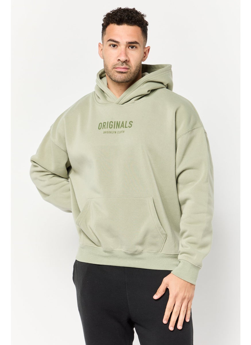Men Graphic Print Long Sleeve Hoodies, Sage Green