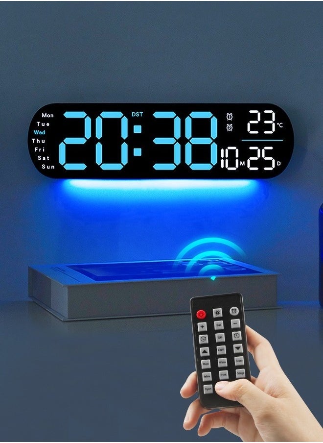 LED Digital Clock, Digital Wall Clock with Remote Control, 9 RGB Color Modes with Time Date Day of the Week Temperature for Living Room Bedroom Home Decor (Blue)