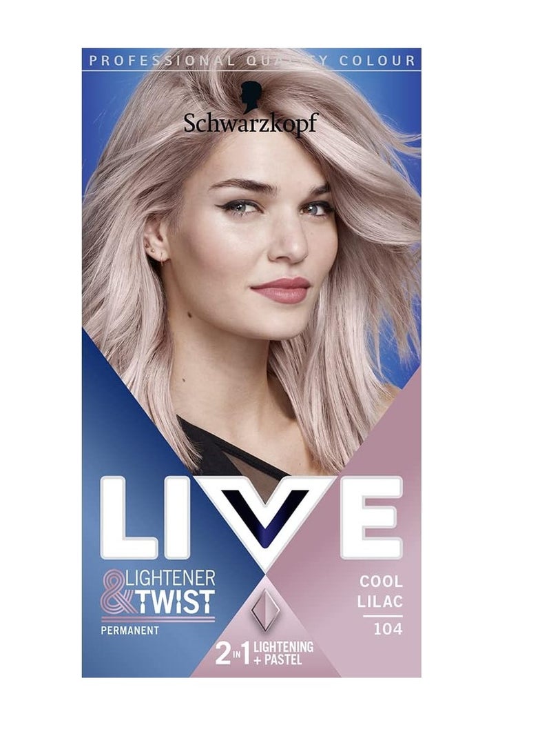 LIVE Lightener plus Twist Permanent Purple Hair Dye 2 in 1 Formula Lightens and Colours Up To 3 Levels Cool Lilac 104