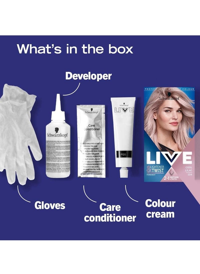 LIVE Lightener plus Twist Permanent Purple Hair Dye 2 in 1 Formula Lightens and Colours Up To 3 Levels Cool Lilac 104