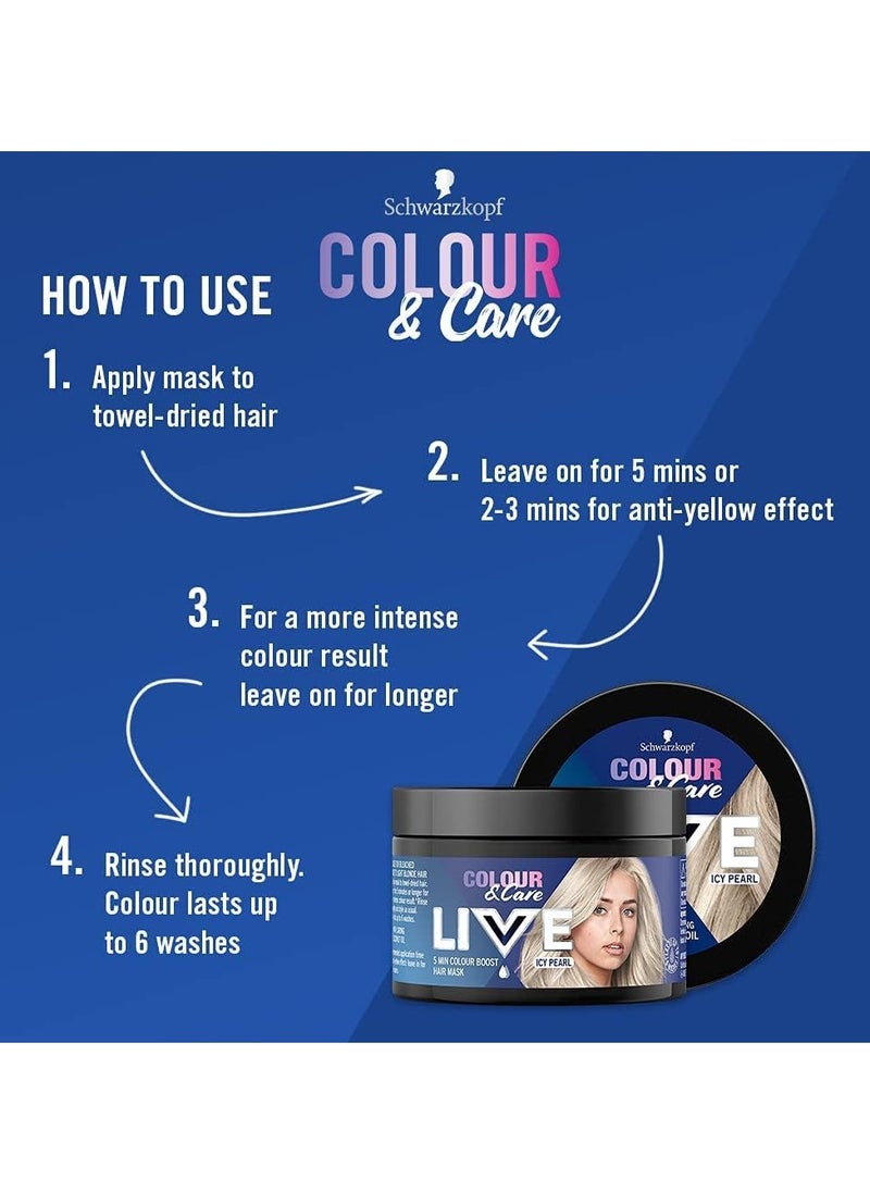 LIVE Colour and Care Hair Mask 5 Minute Wash Out Blonde Toning Colour Boost Semi permanent Silver Hair Dye Lasts Up To 6 Washes Icy Pearl 150ml