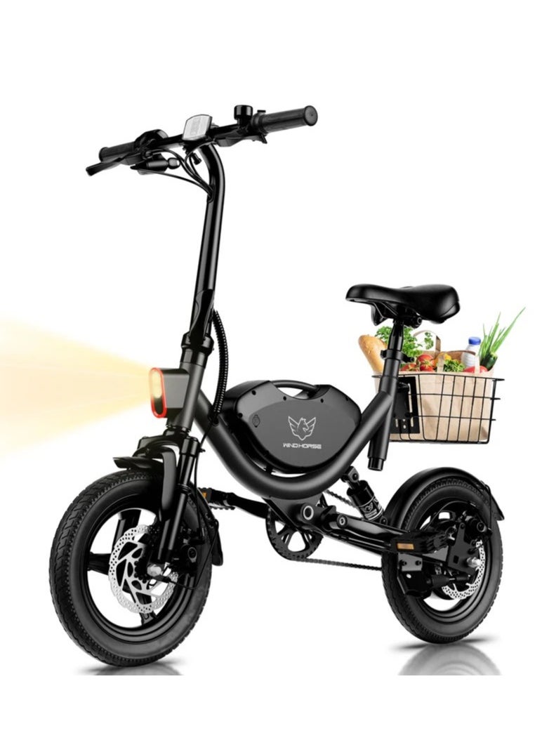 Foldable Electric Bike for Adults 500W Brushless Hub Motor, 35 KMH Max Speed, 19-35 KM Range with 36V 8AH Battery, 14 Inches Tires with Dual Suspension and Disc Brakes, Lightweight Carbon Alloy Frame, Urban Commuter E-Bike with Basket for Easy Storage and Transport