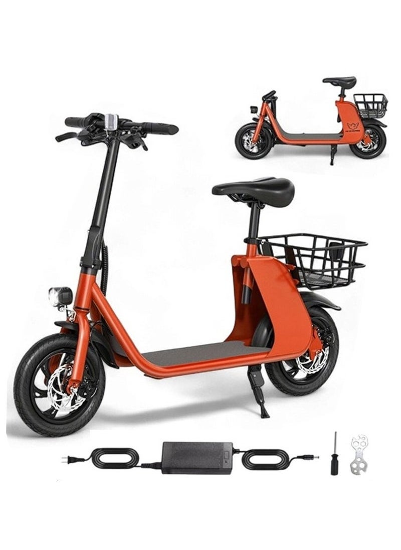 High Quality Foldable Electric Scooter with Seat and Rear Basket, 450W Motor, 36V 8AH Battery, 25-35 KM/h Speed, Carbon Alloy Frame, 12.5 Inches Tires, Disk Brakes, Unisex Comfortable E-Scooter for Adults