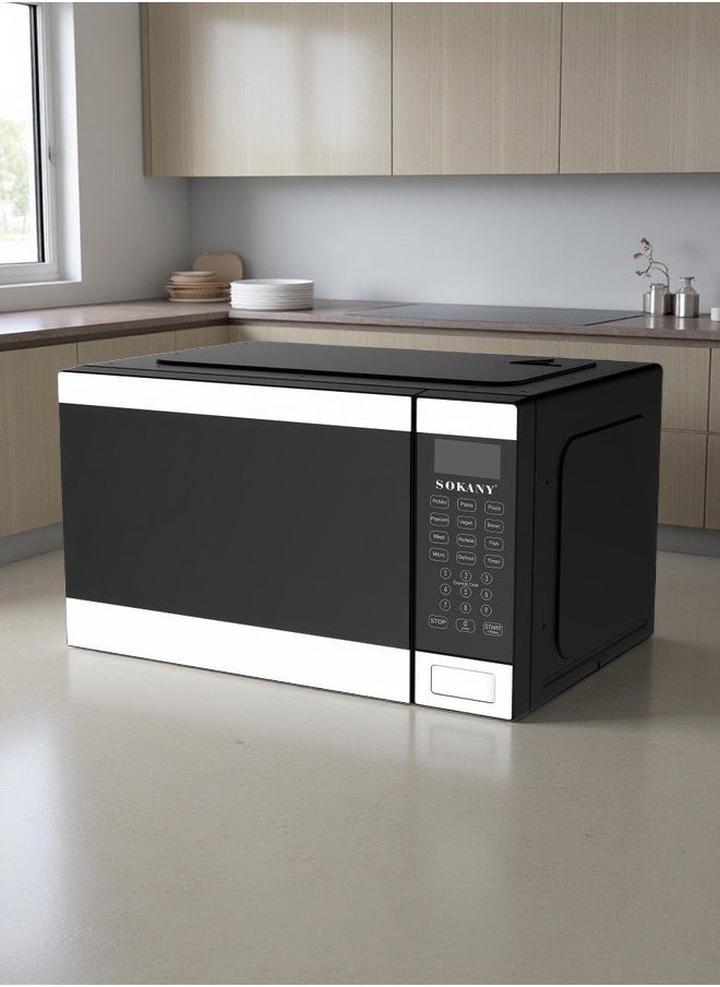 SOKANY Black And White Simple Style Multi-Function Push-Button Microwave Oven 1320W, 25L, LED Display, Easy-To-Operate Multi-Function Microwave Oven. Plug: European Standard