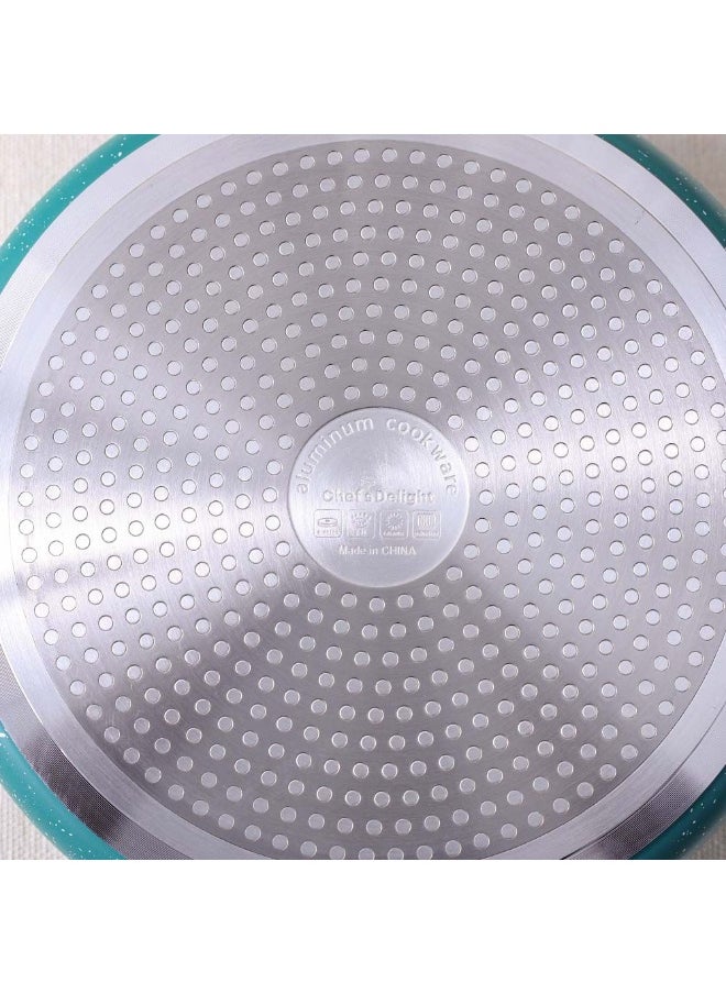 Chef's Delight Florin Shallow Pot with Lid – Non-Stick, PFOA-Free Marble Coating – Durable Cooking Pot for Home Kitchen, Frying, Stewing & Sautéing 28x8cm - Green