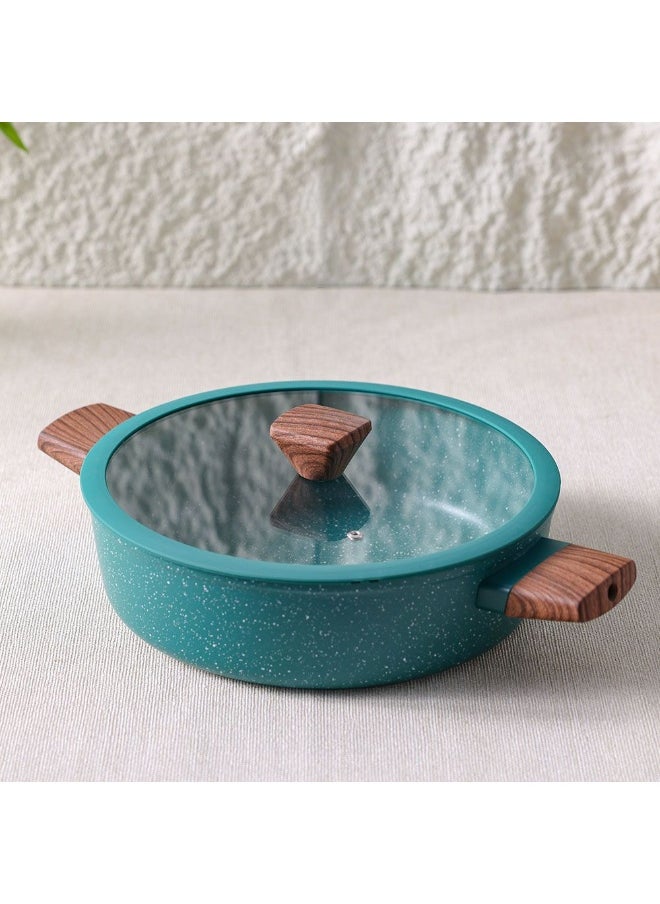 Chef's Delight Florin Shallow Pot with Lid – Non-Stick, PFOA-Free Marble Coating – Durable Cooking Pot for Home Kitchen, Frying, Stewing & Sautéing 28x8cm - Green