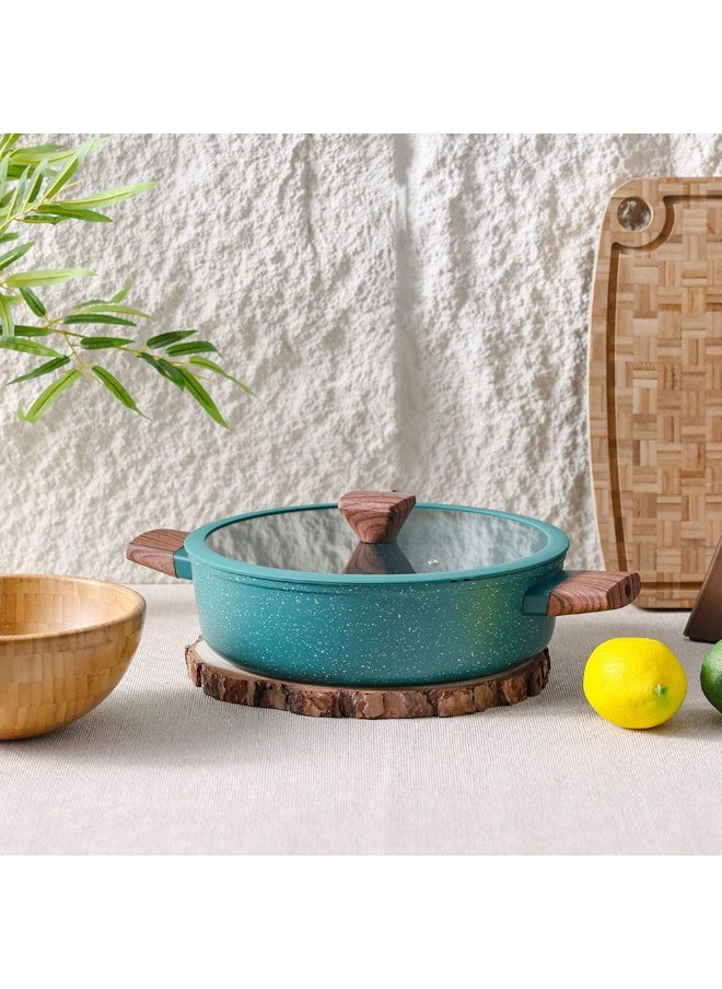 Chef's Delight Florin Shallow Pot with Lid – Non-Stick, PFOA-Free Marble Coating – Durable Cooking Pot for Home Kitchen, Frying, Stewing & Sautéing 28x8cm - Green