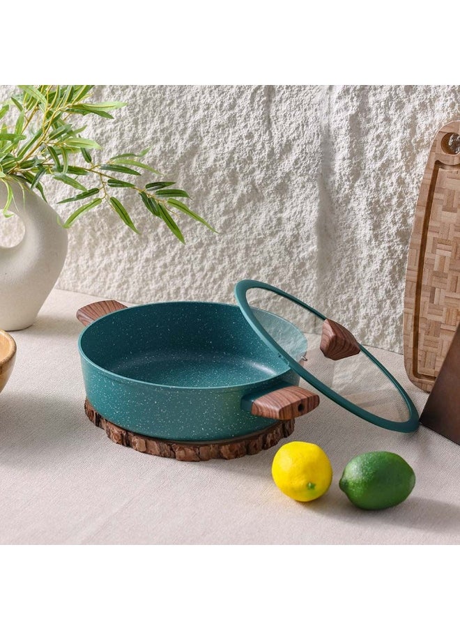 Chef's Delight Florin Shallow Pot with Lid – Non-Stick, PFOA-Free Marble Coating – Durable Cooking Pot for Home Kitchen, Frying, Stewing & Sautéing 28x8cm - Green