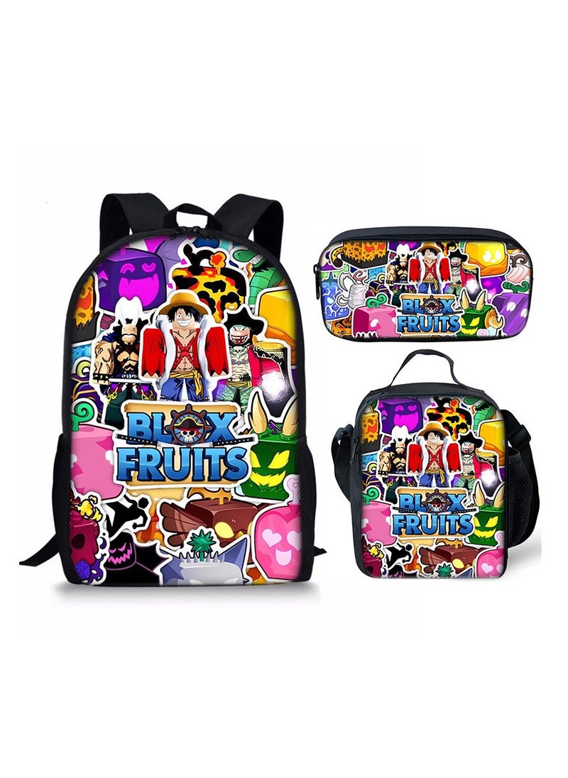ROBLOX blox Fruits Primary School Student Backpack Cartoon Schoolbag Children's Backpack 29*42*16CM + Lunch Bag 19*23*6CM + Pencil Case 24*11*7CM Three-piece Set